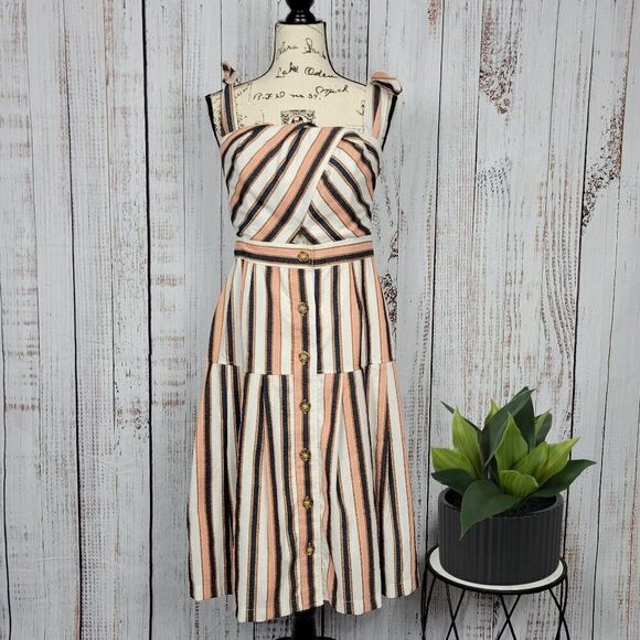 GIANNI BINI Striped Chic Button Tie Straight Neck Fit & Flare Summer Midi Dress - Picture 1 of 12